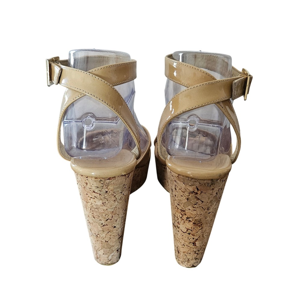 Jimmy Choo Nude Patent Leather Cork Wedge Sandals Ankle Strap Spain 38 Womens - Picture 6 of 9